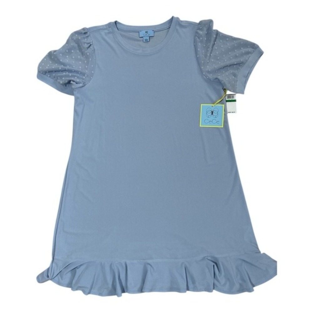 CeCe Ruffled Knit Shift Dress Women's L Rich Baby‎ Blue Mock Neck Short Sleeve